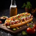 Delicious Cheesy Hot Dog With Peppers And Lettuce
