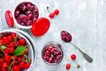 Delicious cherry jam in sugar syrup and fresh cherries in bowl