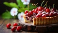 Delicious cherry pie with fresh cherries on rustic wooden background, perfect for baking or desserts Royalty Free Stock Photo