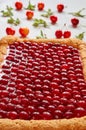 Delicious cherry pie with jelly on the gray kitchen background. Homemade cold cherry tart decorated with fresh berries and mint Royalty Free Stock Photo