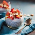 Delicious chia seed pudding with greek yogurt, strawberries, and almonds on blue rustic table Royalty Free Stock Photo