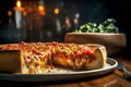 Delicious Chicago deep-dish pizza with Italian sausage beef rich tomato sauce peppers and melting cheese with cut out slice