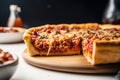 Delicious Chicago deep-dish pizza with Italian sausage beef rich tomato sauce peppers and melting cheese with cut out slice.