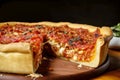 Delicious Chicago deep-dish pizza with Italian sausage beef rich tomato sauce peppers and melting cheese with cut out slice.