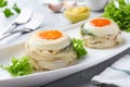 Delicious chicken aspic with eggs and vegetables on plate, closeup Royalty Free Stock Photo