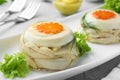 Delicious chicken aspic with eggs and vegetables on plate, closeup Royalty Free Stock Photo