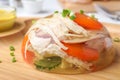 Delicious chicken aspic with vegetables on wooden plate  closeup Royalty Free Stock Photo