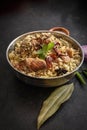 Delicious chicken biryani top view.Biryani rice dish Beautiful Indian rice dish.Delicious spicy chicken biryani in bowl over moody