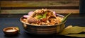 Delicious chicken biryani top view.Biryani rice dish Beautiful Indian rice dish.Delicious spicy chicken biryani in bowl over moody