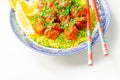 Delicious chicken breast pieces  in  aromatic sweet and sour sauce with rice Royalty Free Stock Photo