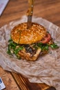 delicious chicken burger On paper and wooden board