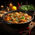 Delicious chicken curry simmering in a rustic wooden cooking vessel