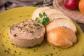 Delicious chicken, duck, or rabbit liver pate with spices. Beautiful stylish menu. Autumn still life.