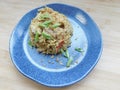 Delicious chicken fried rice with egg, carrot, garlic and green onion Royalty Free Stock Photo