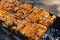 Delicious chicken frying on barbecue grill grate outdoor. Seasoning falling on fresh grilled chicken wings. Summer party Royalty Free Stock Photo
