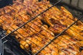 Delicious chicken frying on barbecue grill grate outdoor. Seasoning falling on fresh grilled chicken wings. Summer party Royalty Free Stock Photo