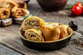 Delicious chicken pancake stuffed with chicken. Traditional Russian Shrovetide Maslenitsa festival meal. Food recipe background.