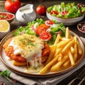 delicious chicken parmigiana with fries and salad