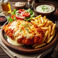 delicious chicken parmigiana with fries and salad