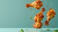 Delicious chicken pieces falling on bright solid color background, food concept