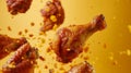 Delicious chicken pieces falling on vibrant solid color background, food concept