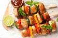 Delicious chicken shish kebabs with vegetables and lime on white wooden table, top view Royalty Free Stock Photo