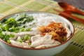 Delicious chicken soup with glass noodles mien ga is a Vietnamese dish that is guaranteed to comfort closeup on the bowl.