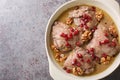 Delicious chicken stew in pomegranate walnut sauce close-up in a plate. Horizontal top view Royalty Free Stock Photo