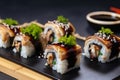 Delicious chicken teriyaki sushi rolls with savory, tender meat and sticky rice, topped with sesame seeds and wrapped in seaweed Royalty Free Stock Photo