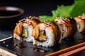 Delicious chicken teriyaki sushi rolls with savory, tender meat and sticky rice, topped with sesame seeds and wrapped in seaweed Royalty Free Stock Photo