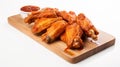 Delicious Chicken Wings With Savory Sauce On Wooden Platter