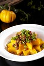 Delicious Chinese food, steamed pumpkin with soy sauce Royalty Free Stock Photo