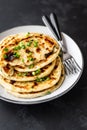 Chinese green onion pancakes on a black background. Stack of fried green onion pancakes. Dark photo