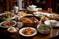 A delicious, Chinese meal, highlighting a variety of dishes such as Peking duck, mapo tofu and dumplings, served on a lazy Susan