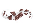 Delicious chocolate bar crushed into pieces with milk splash in white space Royalty Free Stock Photo