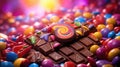 A delicious chocolate bar encircled by multicolored candy-coated chocolates on a vibrant backdrop. Ai Generated Royalty Free Stock Photo