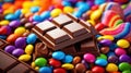 A delicious chocolate bar encircled by multicolored candy-coated chocolates on a vibrant backdrop. Ai Generated Royalty Free Stock Photo