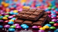 A delicious chocolate bar encircled by multicolored candy-coated chocolates on a vibrant backdrop. Ai Generated Royalty Free Stock Photo