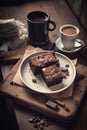 Delicious chocolate brownie on top of wooden table with breakfast or afternoon coffee items