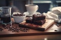 Delicious chocolate brownie on top of wooden table with breakfast or afternoon coffee items