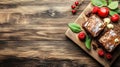 Delicious chocolate brownies with berries on wood Royalty Free Stock Photo
