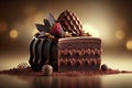 Delicious chocolate cake on bokeh Christmas background