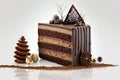 Delicious chocolate cake on bokeh Christmas background