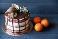 Delicious chocolate cake with chocolate candies, tangerines