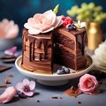 Delicious chocolate cake with flower. generative AI