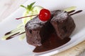 Delicious chocolate cake fondant close-up on a plate. horizontal