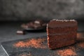 Delicious chocolate cake on grey table Royalty Free Stock Photo