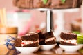 Delicious chocolate cake pieces with cream filling sitting on small plates, pastry concept Royalty Free Stock Photo