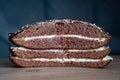 Delicious chocolate cake on plate on table on dark background. On a wooden stand. Grey stone background. Top view. Copy