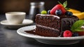 Rich Chocolate Cake Slice with Dripping Ganache and Fresh Berry Garnishes, Served with Coffee Royalty Free Stock Photo